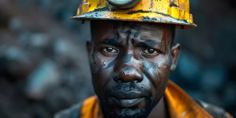 Fotobehang Portrait of African man working in coal mine facing dangers and harsh conditions symbolizing exploitation of cheap labor. Concept Workplace Exploitation, Labor Rights, Human Rights, Mining Industry © Ян Заболотний