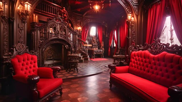 A room featuring a red couch and chairs, providing a comfortable and inviting seating arrangement suitable for any room, Vampire Dracula castle interior, victorian red furnitures, AI Generated