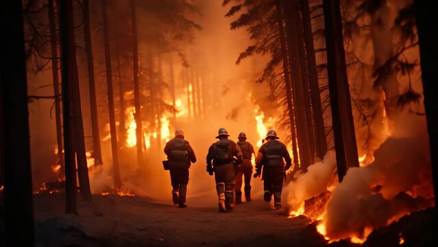 A daring group of bikers fearlessly navigate their way through a blazing forest, Volunteer firefighters combat a wild forest fire, Brave firemen running into burning forest, AI Generated