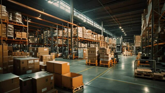 This photo captures a bustling warehouse, packed with numerous boxes organized for effective storage and prompt distribution, Warehouse industrial and logistics companies, AI Generated