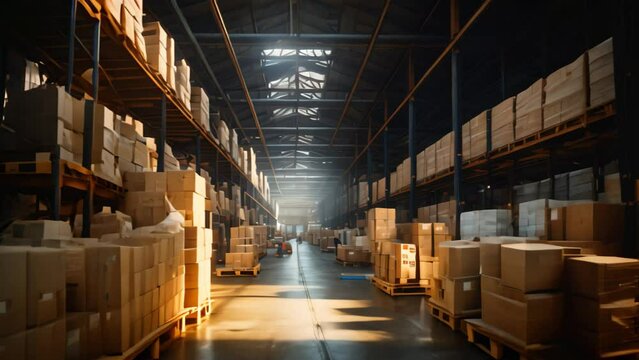 A gigantic warehouse filled to the brim with an abundance of boxes ready for storage and distribution, Warehouse industrial and logistics companies, AI Generated