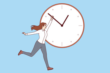 Woman manager is trying to be productive, holding back hand of big clock to get work done on time. Happy businesswoman wants to succeed in career and works productive meeting deadlines