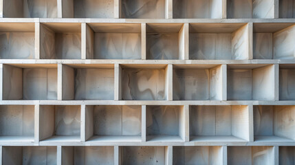A minimalist bookshelf with geometric shapes.
