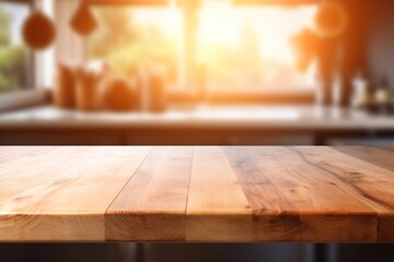 Empty wooden desk on blurred kitchen window. Stage for product