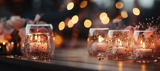 Burning candles and golden confetti on wooden table. Golden bokeh background