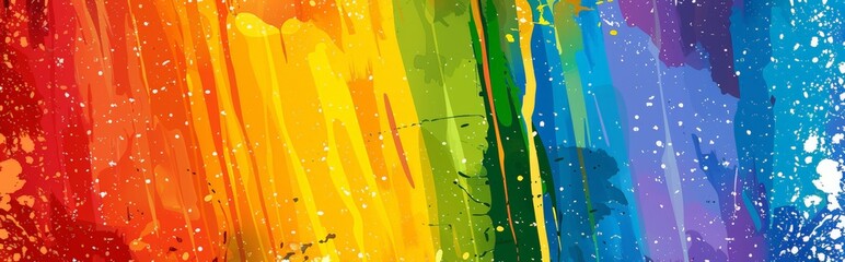 Multiple paint splatters in various colors create a vibrant and dynamic rainbow-colored background