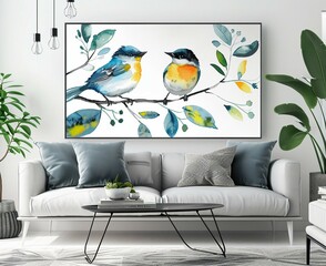 Watercolor Birds Art in Modern Living Room Interior
