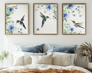 Triptych Watercolor Bird Paintings in Bedroom Interior
