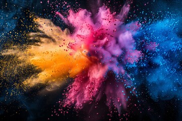 Explosion of bright colorful paint on black background, burst of multicolored powder, abstract pattern of colored dust splash