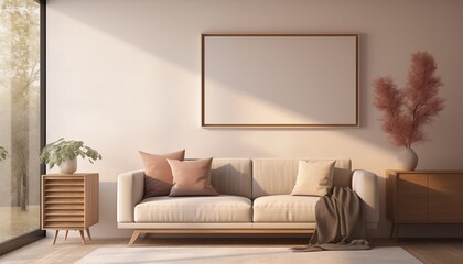 Maqueta de interior con cuadro en blanco sobre pared beige con sofá, muebles y plantas. Luz natural a través de la ventana. - obrazy, fototapety, plakaty