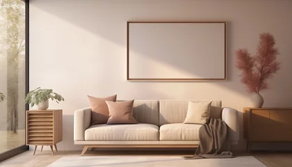 Fotobehang Maqueta de interior con cuadro en blanco sobre pared beige con sofá, muebles y plantas. Luz natural a través de la ventana. © EVF Images