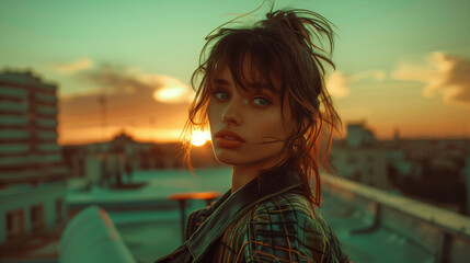 Beautiful girl in the rooftop, sunset in the city