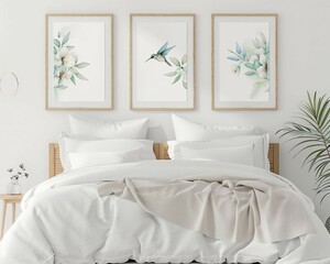 Botanical Artwork Above Bed in Serene Bedroom Decor

