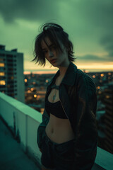 a young woman standing on a rooftop posing for a photo, in the style of light green and dark amber, leather/hide, uhd image, pop inspo, layered mesh, vivid portrait, honey core