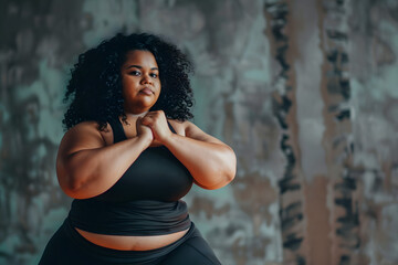 Black plus size woman, yoga, fitness, in gym. Black shirt, on grey background, realistic representation, self-love - obrazy, fototapety, plakaty