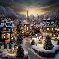 Christmas background. Winter cityscape with Christmas trees and houses in the snow.