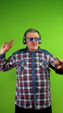 Senior man in pixelated sunglasses thug life meme style, dances energetically.