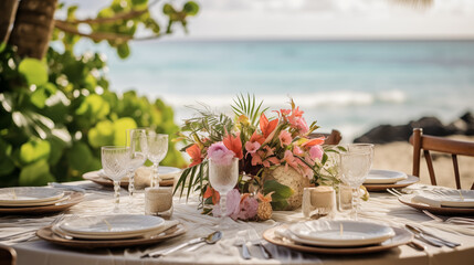 wedding table setting, A beachfront wedding reception table, set with tropical flowers, seashell accents, and ocean views, creating an idyllic atmosphere for the newlyweds and their guests 