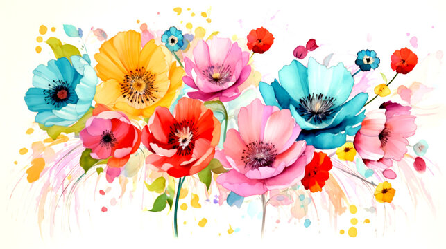 Bright Watercolor Flower Explosion, Joyful Floral Design, Artistic Bouquet Illustration