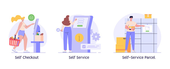 Customer use self-service post terminal. Man with parcel opening locker or storage. Set of automated service parcel, post delivery service. Self-service for online purchase. Vector illustration
