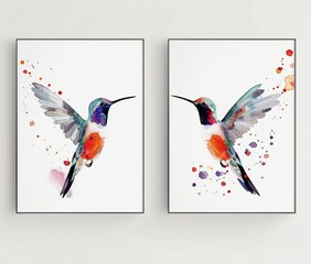 Watercolor Hummingbirds with Splatter Effect Artwork
