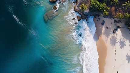An aerial shot capturing the untamed beauty of Red Frog Beach. The emerald jungle spills onto the sandy beach, and the azure waters stretch to the horizon. A true tropical paradise awaits.