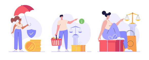 Consumer buying with legal protection. Consumer law protects customer with insurance. Set of consumer protection, customer rights, scale of justice, legal safety. Vector flat cartoon illustration