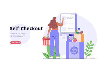 Customer use self-service checkout. Man with shopping cart buying with automated self-checkout terminal. Concept of contactless payment, cashless paying, checkout self service. Vector illustration