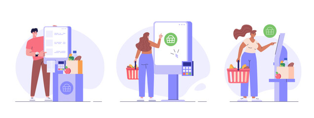 Customer use self-service checkout. Man with shopping cart buying with automated self-checkout terminal. Set of contactless payment, cashless paying, checkout self service. Vector illustration