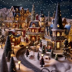 Christmas and New Year miniature village in the snow. Christmas background.