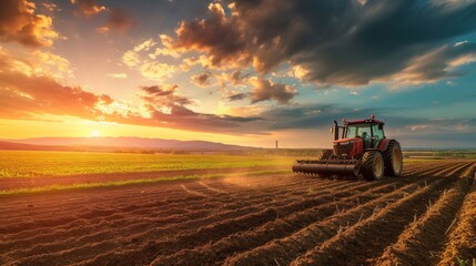 Fototapeta premium Tractor plowing field at sunset