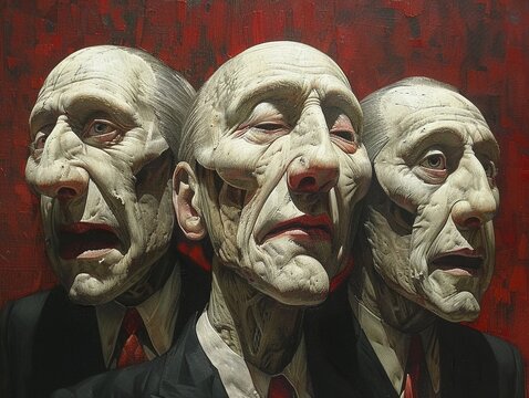 A surrealist portrayal of politics reveals politicians wearing masks of uncertainty, their features distorted by the whims of power, clean sharp focus