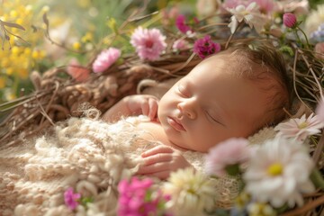 Obraz na płótnie Canvas Newborn sleeping peacefully in a handmade nest, wrapped in woolen blanket surrounded by spring flowers with soft natural light highlighting the delicate features of the baby's face
