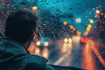 A Man Driving a Car on a Rainy Night - obrazy, fototapety, plakaty