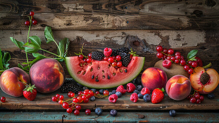 An artistic arrangement of summer fruits like watermelon berries and peaches on a rustic wooden surface. - obrazy, fototapety, plakaty