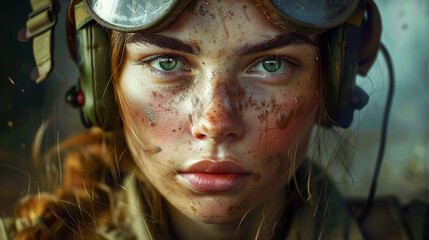 Portrait of a fair-skinned young military woman. The female face of war