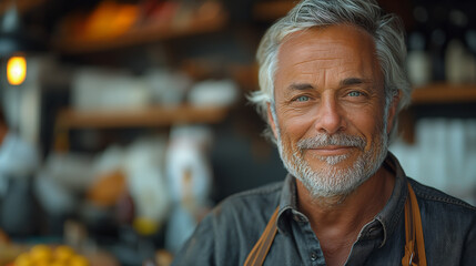 Portrait of a man with gray hair, age 60 - 65 years. He is a small business owner.