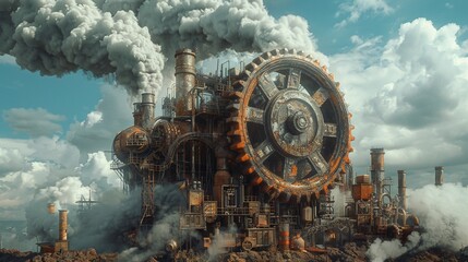 Surrealist capitalism is depicted as a monstrous machine, its gears grinding the dreams of the masses into dust, 3D render