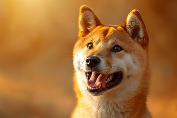 Happy smiling shiba inu dog isolated on yellow orange background with copy space. Red-haired Japanese dog smile portrait - obrazy, fototapety, plakaty