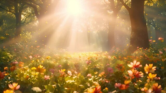 Forest in the spring with sunlight shining trough trees, Sunny magical forest in the rays of the rising sun in the morning time. Powerful trees and light haze. Magnificent sunrise in the forest, rays 