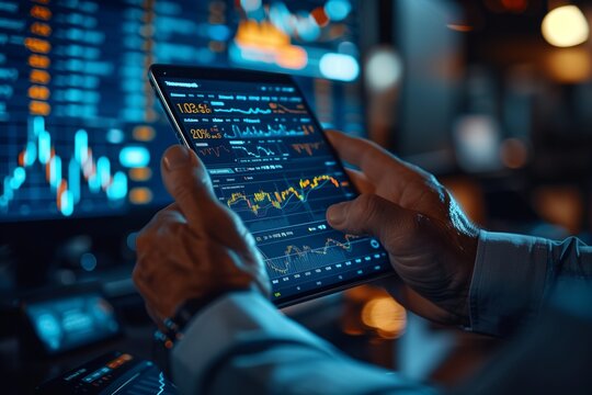 Investing in the stock market, funds, digital assets, planning and strategy. Businessman analyzing financial data chart trading forex on virtual screen