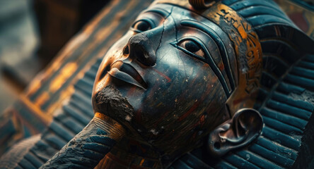 Luxury painted mask of pharaoh in Ancient Egyptian tomb, fiction view, old sarcophagus close-up. Theme of Egypt, antique, history, mummy, art, grave - obrazy, fototapety, plakaty