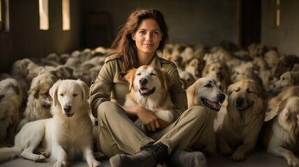group of dogs with girl, A serene moment captured: a female volunteer in uniform, sitting amidst wagging tails, providing solace to rescued dogs at the shelter - obrazy, fototapety, plakaty