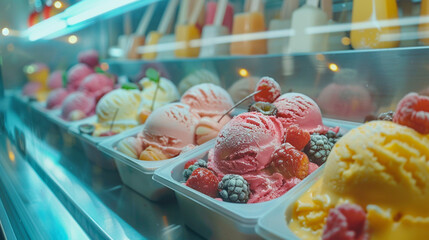 Icecream showscae fruity flavor in the shop.