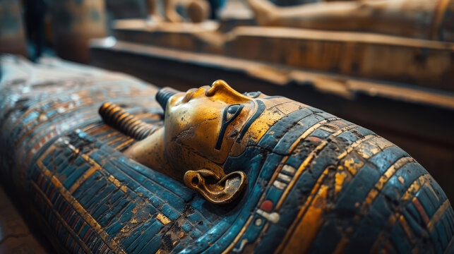 Luxury painted sarcophagus of pharaoh in Ancient Egyptian tomb, fiction view, old grave close-up. Theme of Egypt, antique, mummy, art and culture.