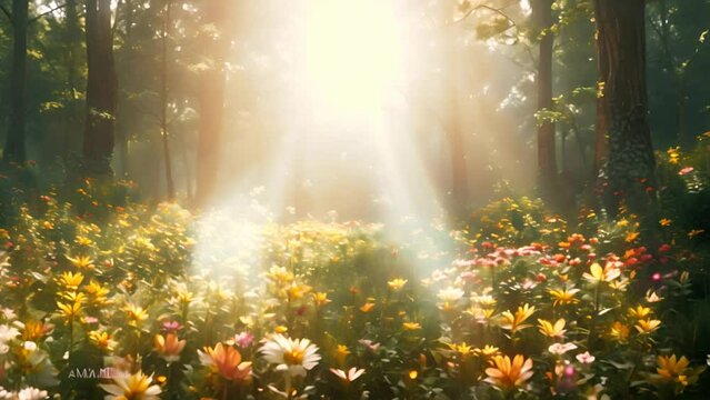 Forest in the spring with sunlight shining trough trees, Sunny magical forest in the rays of the rising sun in the morning time. Powerful trees and light haze. Magnificent sunrise in the forest, rays 