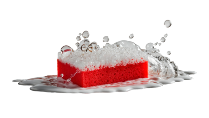 Red sponge in water splashes close-up