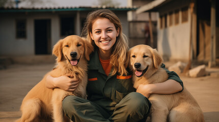 woman and dog, A serene moment captured: a female volunteer in uniform, sitting amidst wagging tails, providing solace to rescued dogs at the shelter - obrazy, fototapety, plakaty