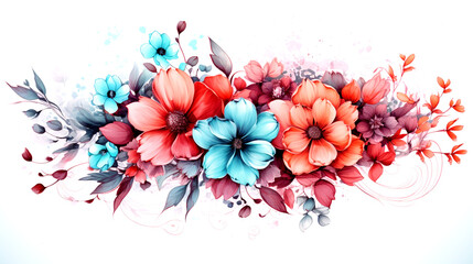  Watercolor Floral Cascade, Rich Red and Blue Blooms, Artistic Flower Background