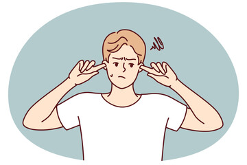 Offended guy closes ears does not want to hear toxic words or insults from peers or girlfriend. Embarrassed man trying to get rid of noise or loud music played by rude neighbors. Flat vector design